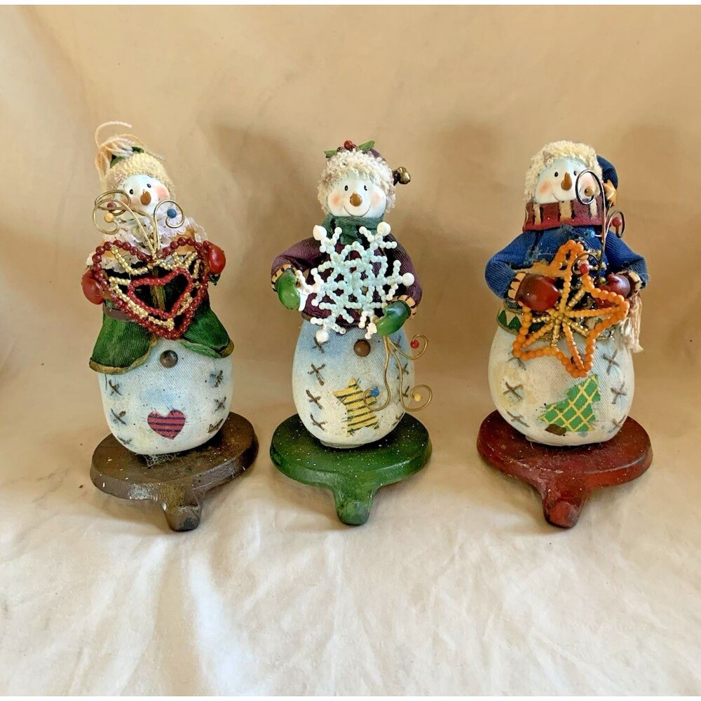 VTG Snowman Christmas Stocking Holders Metal Base, Holding Star Heart Snowflake